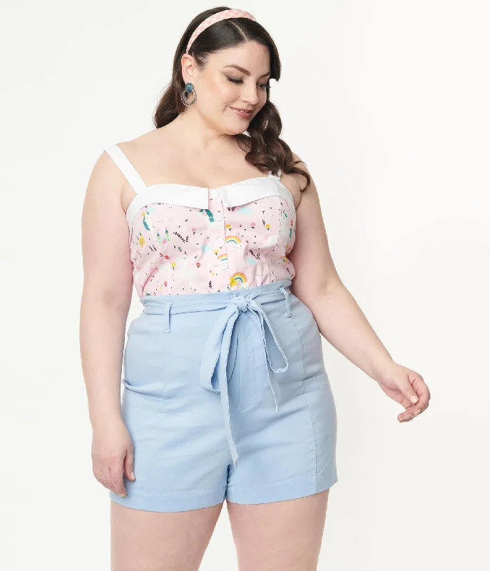 Unique Vintage Plus Size 1940s Light Blue High Waist Tied & True Shorts