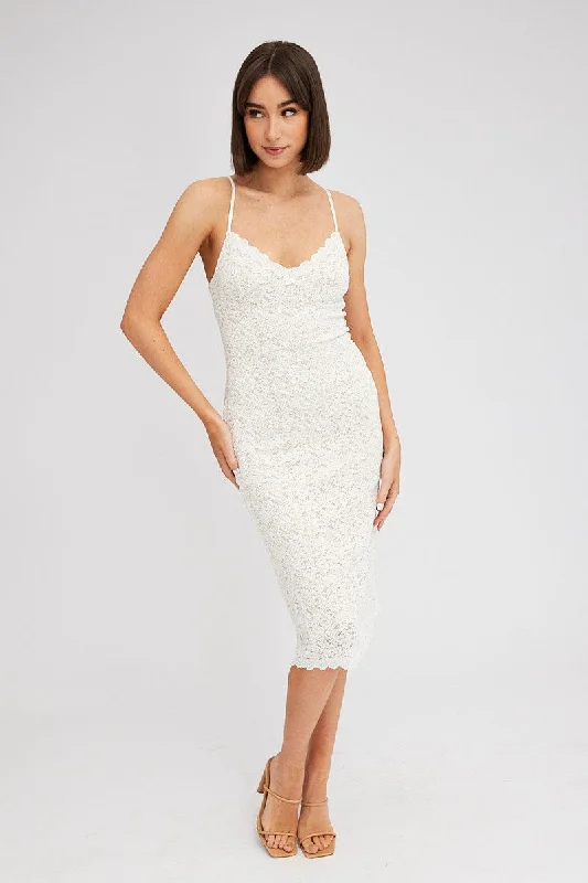 White Midi Dress Sleeveless V-Neck Bodycon Lace Stretch